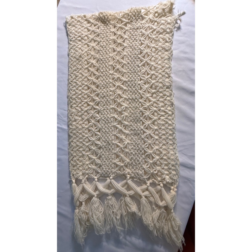 Vintage Handmade Macrame Crochet Scarf Ivory Floral Openwork Fringe Boho
